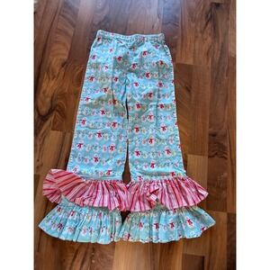 Fireflies & Fairytales Girls Snowman Ruffle Pants Blue Red Striped Size 7 winter